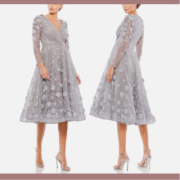 NWT $538 Mac Duggal [ 12 ]‎ Floral Embellished Lace A-Line Dress Sterling Grey - Picture 1 of 16
